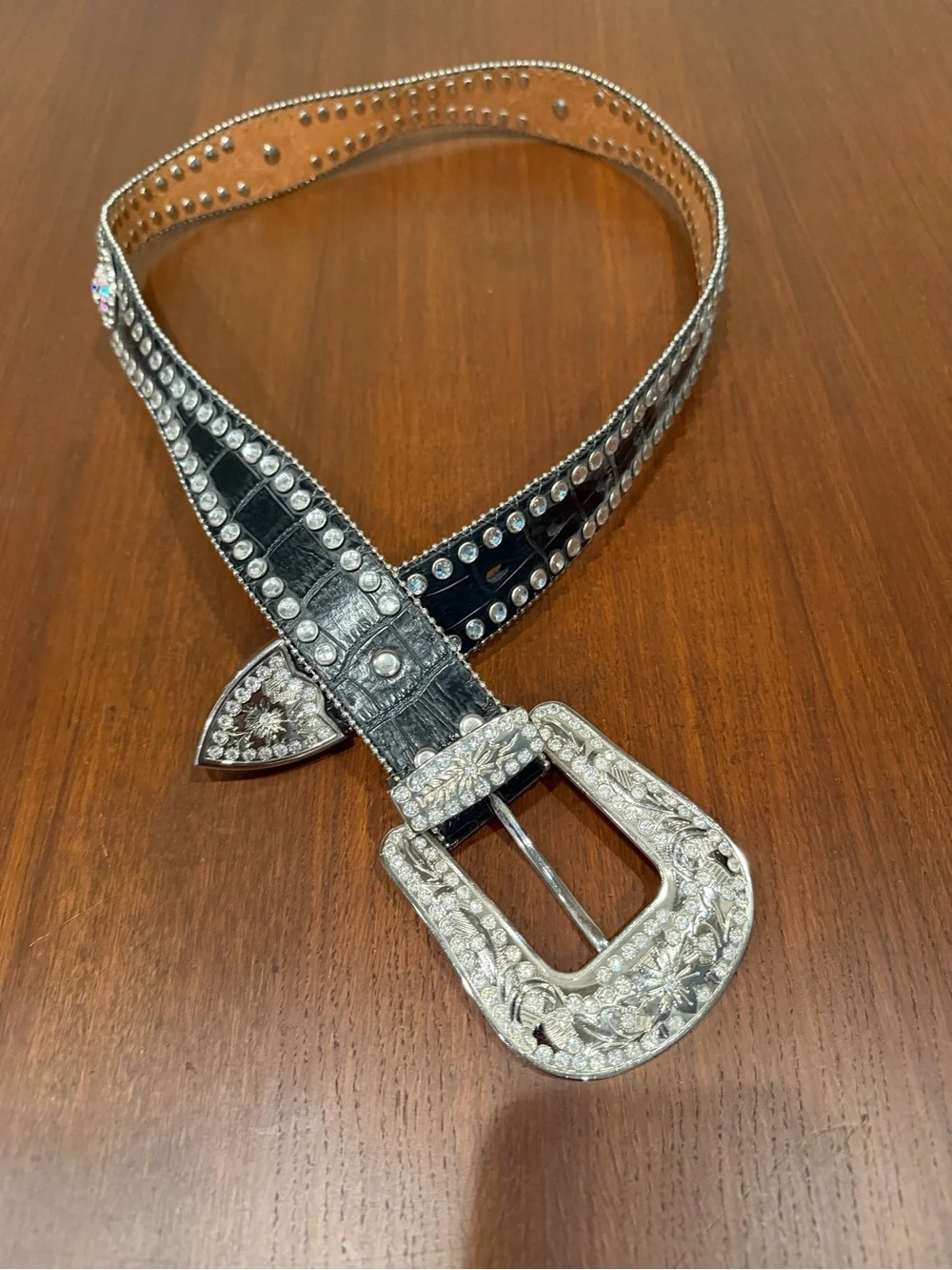 Studded Brown Western Belt with Ornate Silver Buckle